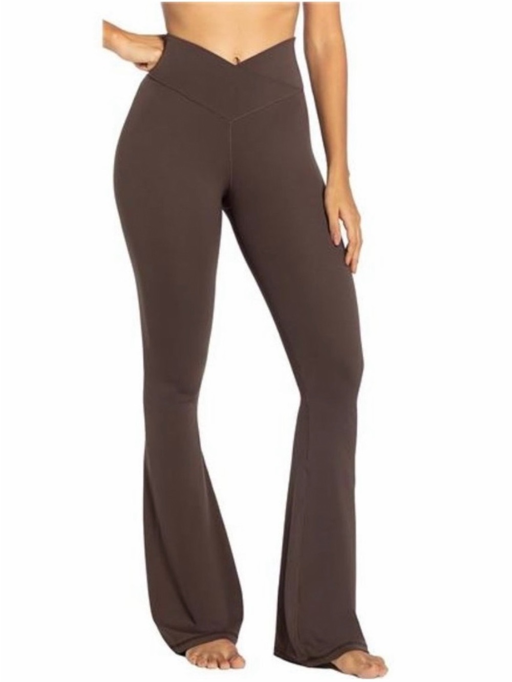 V-Cut Crossover Sunzel High-Waist Flare Leggings in Chocolate Brown Size Large